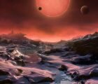 Ilustración de la estrella enana ultrafría TRAPPIST-1 desde la superficie de uno de sus planetas.